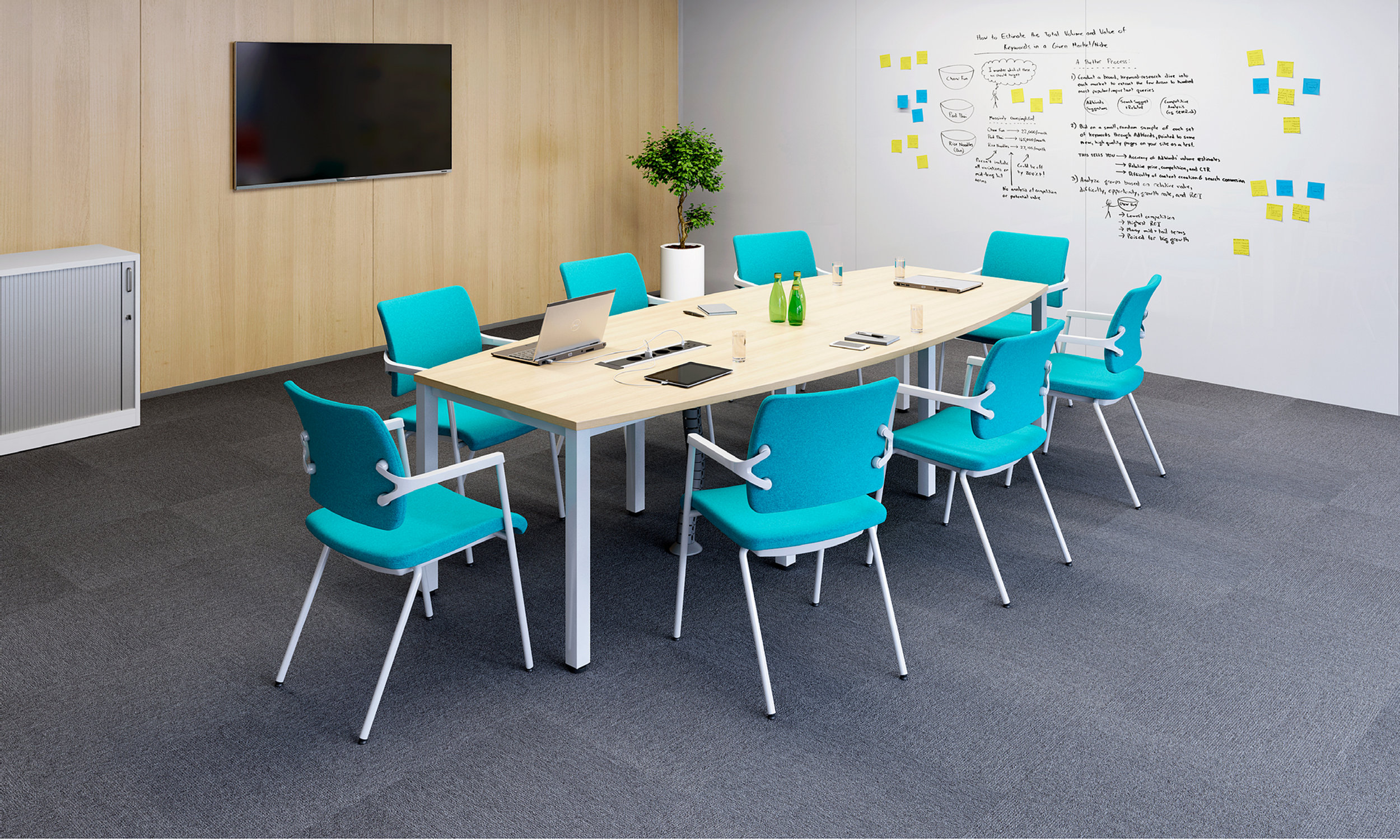 Table de réunion ovale chêne avec chaises turquoise Cap Office Maroc